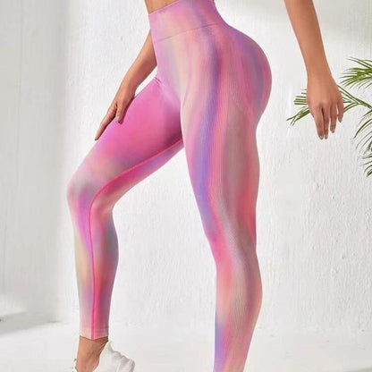 Cheky - New Tie Dye Aurora Print Sports Pants Seamless High Waisted Fitness Yoga Pants For Women Gym Running Sweatpants Trousers