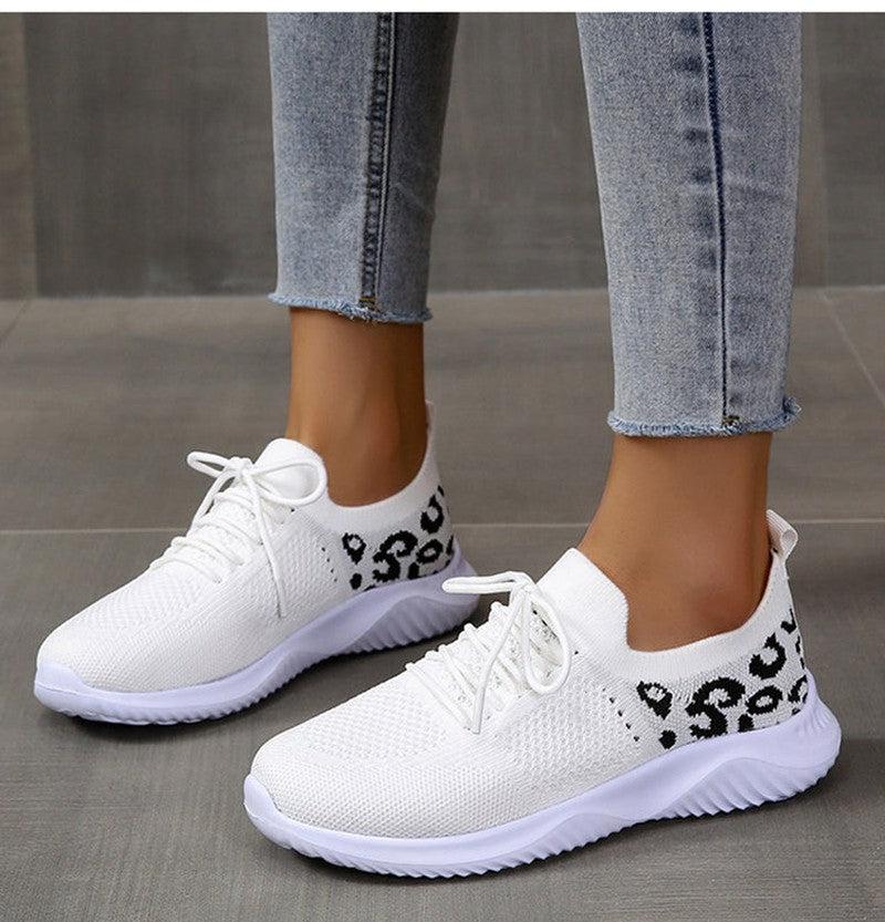 Cheky - White Shoes Women Leopard Print Lace-up Sneakers Sports