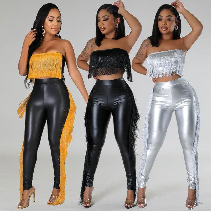 Cheky - Sexy Bandeau Tassels Slim-fit Trousers Two-piece Set Nightclub Uniforms