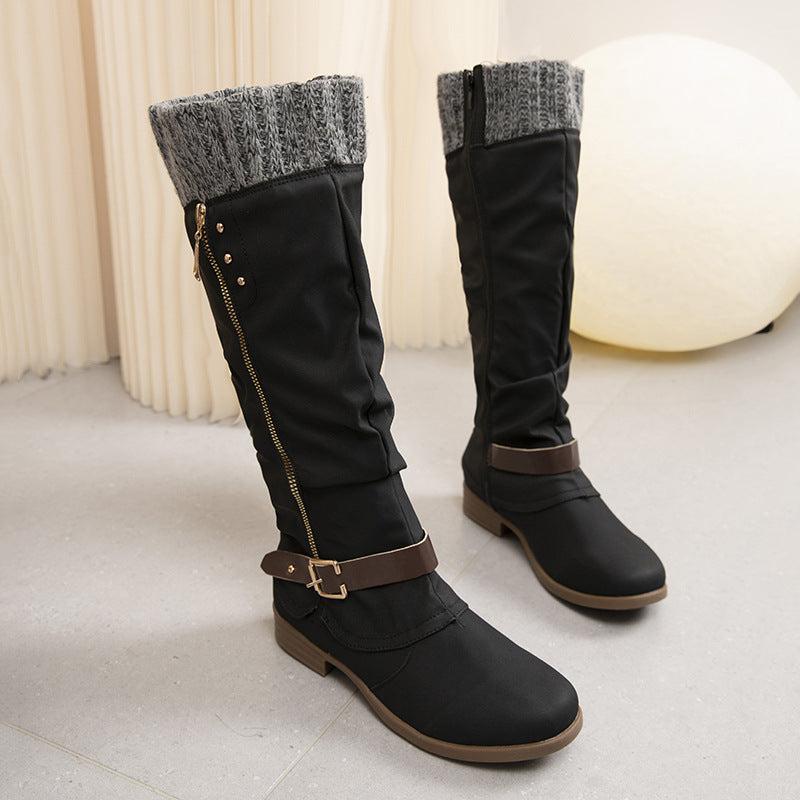 Cheky - Plus Size Long Tube Women's Boots Chunky Heel Side Zip Wool Stitching