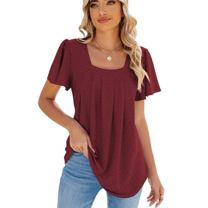 Cheky - Summer Square Neck Pleated Short-sleeved T-shirt Loose Solid Color Ruffled Hollow Design Top For Womens Clothing