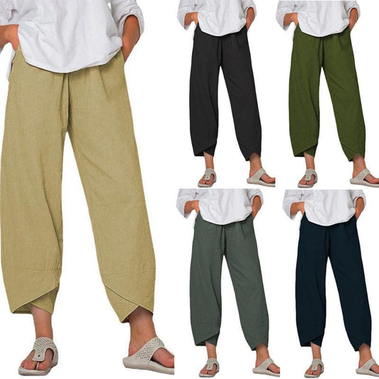 Cheky - Cotton And Linen Wide Leg Pants Solid Color High Waist Loose Casual Trousers For Women