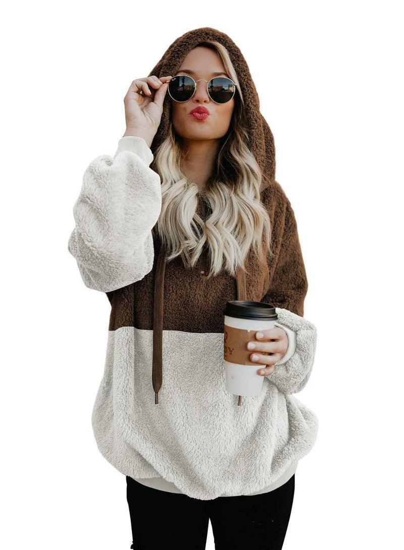 Cheky - Women Casual Plush Hoodies Zipper Patchwork Hooded Drawstring Sweatshirt Autumn Winter Lady Hooded Warm Loose Tops