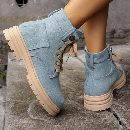 Cheky - Lace-up Denim Ankle Boots Women Fashion Platform Cowboy Boots Casual Fashion Autumn Winter Round Toe Shoes