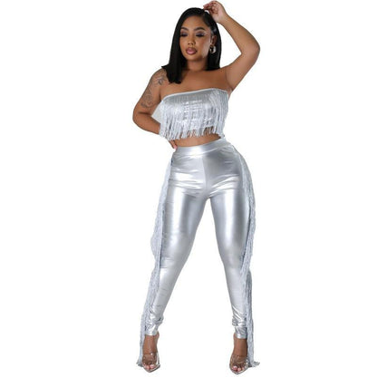 Cheky - Sexy Bandeau Tassels Slim-fit Trousers Two-piece Set Nightclub Uniforms