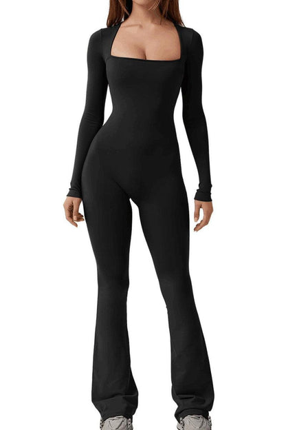 Cheky - Women Long Sleeve Belly Waist Shaping And Hip Lift Square Collar Wide Leg High Elastic Jumpsuit