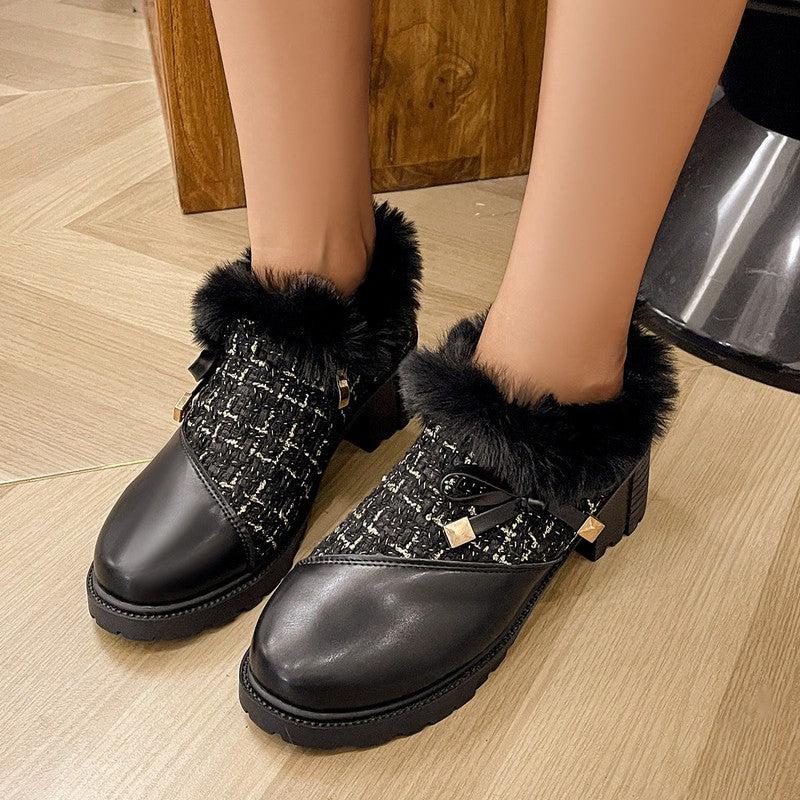 Cheky - Round Toe Thick Square Heel Elegant Boots With Cute Bow Side Zipper Plus Velvet Ankle Boots Winter Warm Plush Shoes For Women