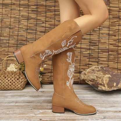 Cheky - Flower Embroider Mid Calf Cowboy Boots Women Autumn Winter Chunky Heels Western Boots Square Toe Denim Long Boots Fashion Shoes