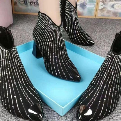 Cheky - New Pointed Toe Anti-collision High Heel Starry Rhinestone Booties Women