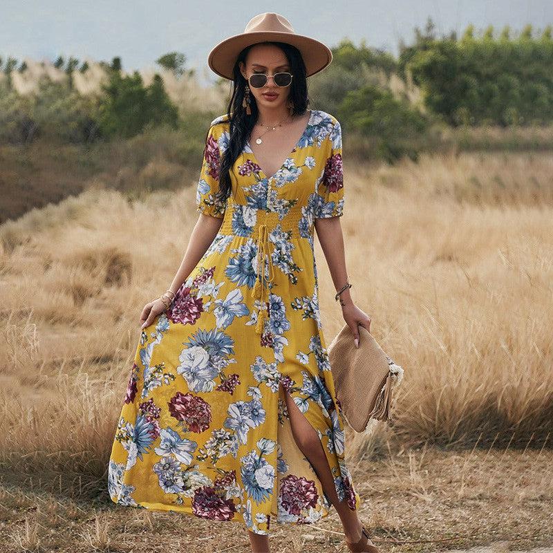 Cheky - Floral Summer Beach Dress With V Neck Elastic Waist Dresses For Women