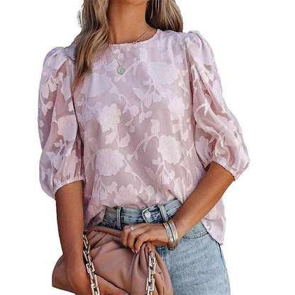 Cheky - Women's Puff Sleeve Chiffon Loose Top Flower Texture Shirt