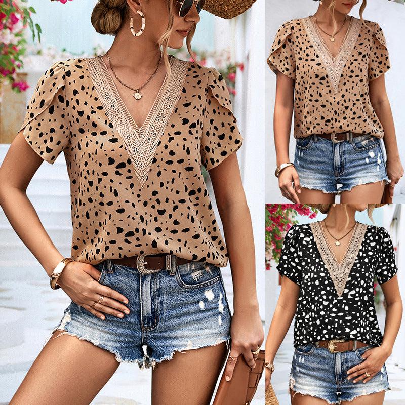 Cheky - Women's V-neck Lace Printed Shirt