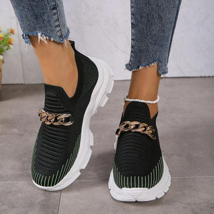 Cheky - Fashion Chain Design Mesh Shoes For Women Breathable Casual Soft Sole Walking Sock Slip On Flat Shoes