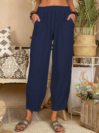 Cheky - Women's Solid Color Loose Cotton And Linen Casual Pants Home