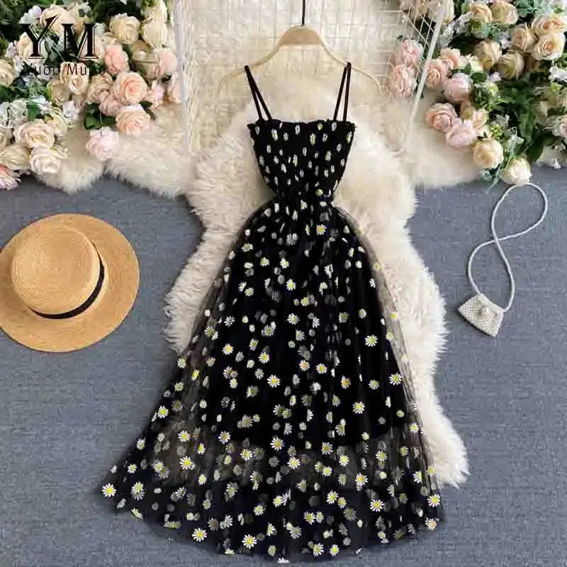 Cheky - YuooMuoo Korean Fashion Daisy Flower Print Mesh Party Dress Summer Two Layers Spaghetti Strap Vacation Midi Dress Beach Vestidos