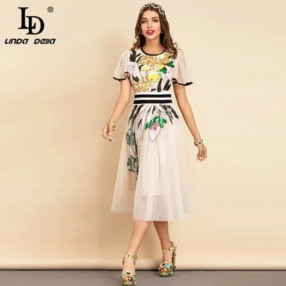 Cheky - LD LINDA DELLA New 2021 Women Summer Fashion Runway Midi Dress Butterfly Sleeve Sequined Embroidery Ladies Slim A-Line Dresses