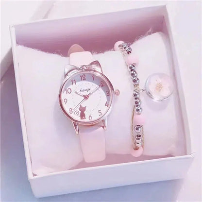 Cheky - New Girl Quartz Watch Student Children Wristwatch Cat Ears Face Gifts for Kids Girl ulzzang Style With Box Clock Beaded bracelet