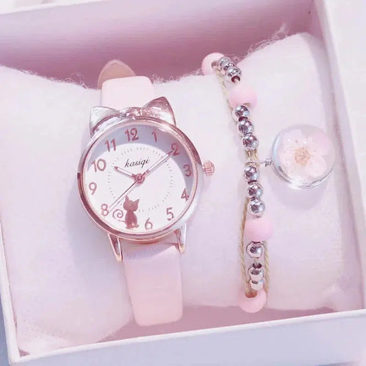 Cheky - New Girl Quartz Watch Student Children Wristwatch Cat Ears Face Gifts for Kids Girl ulzzang Style With Box Clock Beaded bracelet