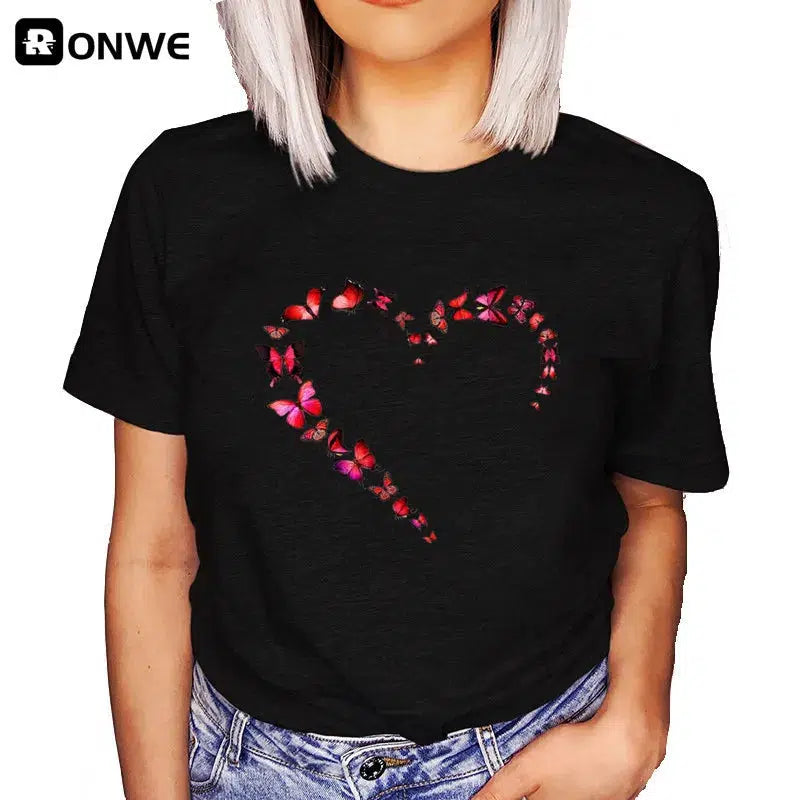 Cheky - Summer New 90 ’s Leopard Heartbeat Short Sleeve Print Clothing Women's T-Shirt Harajuku Graphic Clothing Women's Top,Drop Ship