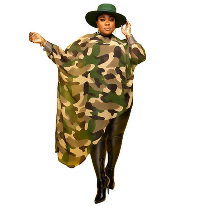 Cheky - Plus Size Tops L-4xl Wholesale Long Sleeve Shirts for Women Camouflage Loose Casual Irregular Hem Polyester Blouses Dropshipping