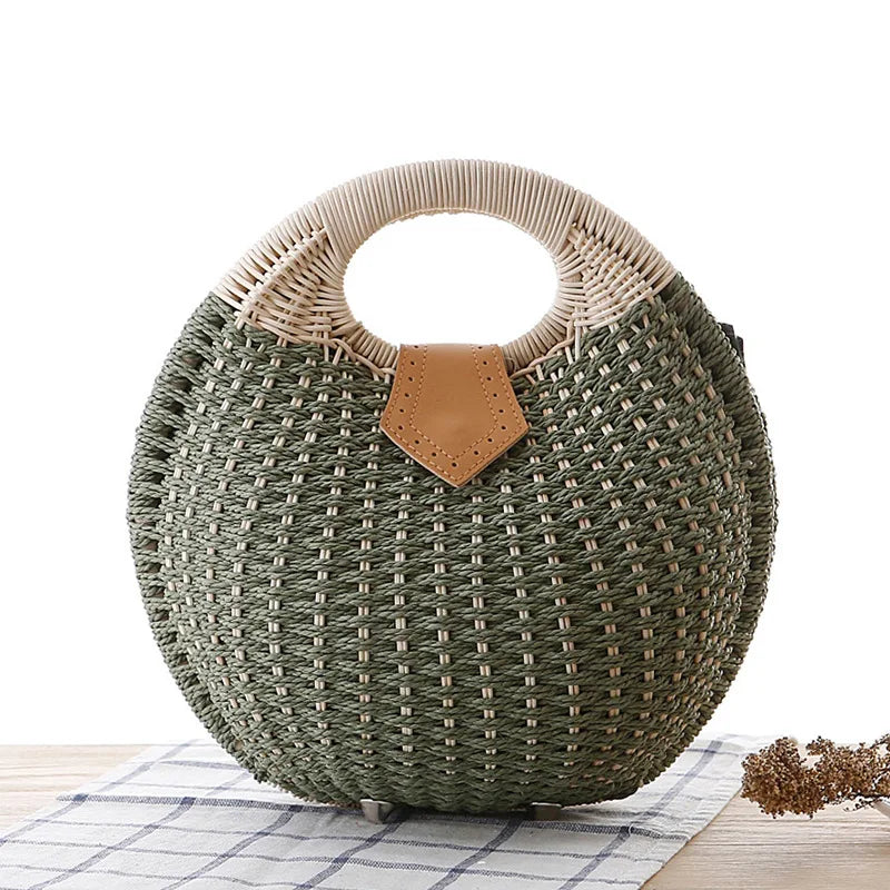 Cheky - Women's Natural Rattan Handwoven Round Shell Handbag Top-handle Bag Summer Fashion Bohemia Female Casual Tote Clutch Beach Bag