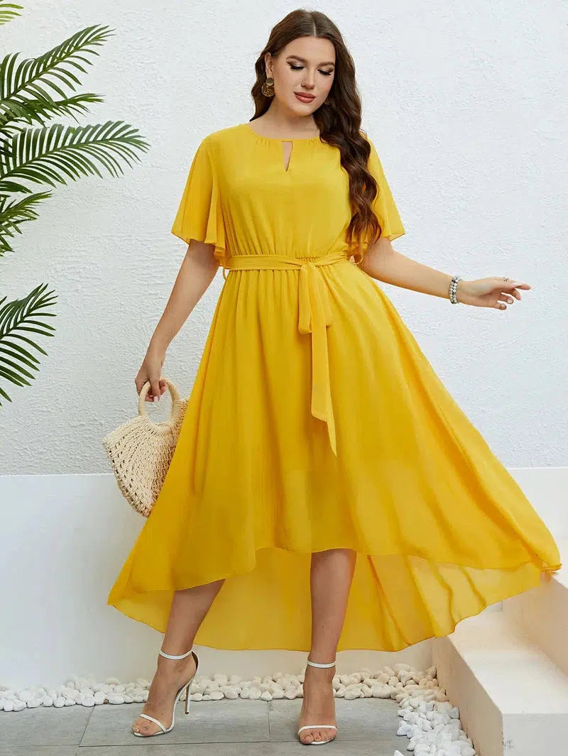 Cheky - Chiffon Party Dresses For Women Plus Size Summer Solid Color Casual Boho Beach Dress Ruffle Short Sleeve Belted Wrap Dress