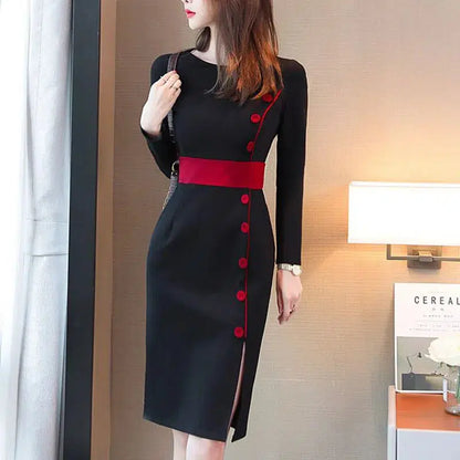 Cheky - Autumn Winter High Waist Buttons Bodycon Dress Women Elegant Fashion Evening Dresses Ladies Temperament Robe Vestido De Fiesta