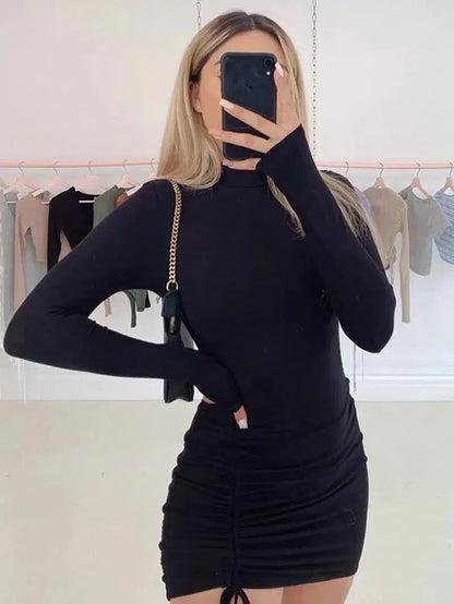 Cheky - Long Sleeve Ruched Bodycon Dress Women Turtleneck Bandage Mini Dresses Autumn Black Skinny Stretchy Party Vestidos