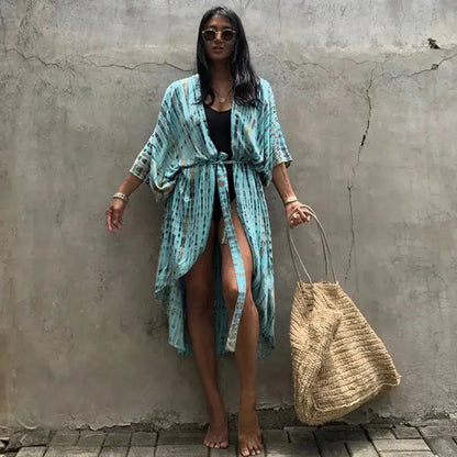 Cheky - Beach Cover Ups for Swimwear Women Black Tie Dye Kimono Swimsuit Cape Summer Dress 2022 Beachwear Outfits Sales