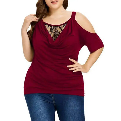 Cheky - Plus Size Summer Women Blouse Lace Short Sleeves Hollow Out Solid Color See-through Off Shoulder Shirts Blouse Top