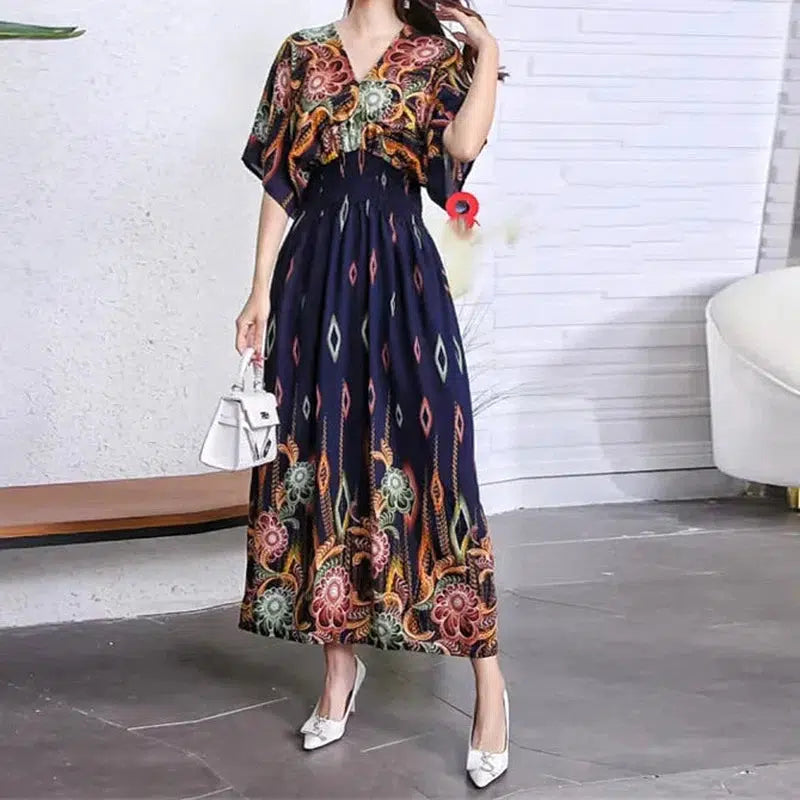 Cheky - Elegant Sweet Bohemian Style V-neck Elastic Waist Loose Large Swing Flower Printed Girls Summer Dress for Woman Skirt