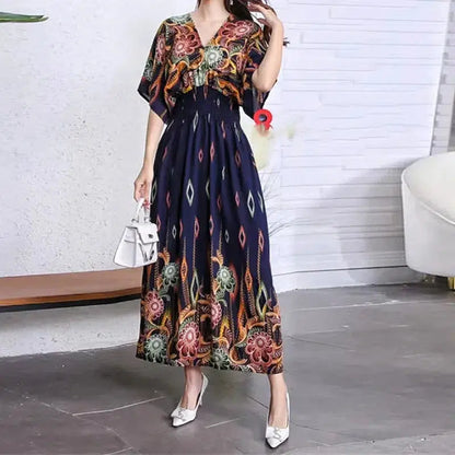 Cheky - Elegant Sweet Bohemian Style V-neck Elastic Waist Loose Large Swing Flower Printed Girls Summer Dress for Woman Skirt