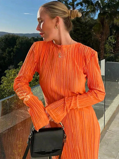 Cheky - Hawthaw Women Fashion Long Sleeve Streetwear Bodycon Orange Midi Dress Autumn Clothes Wholesale Items For Business