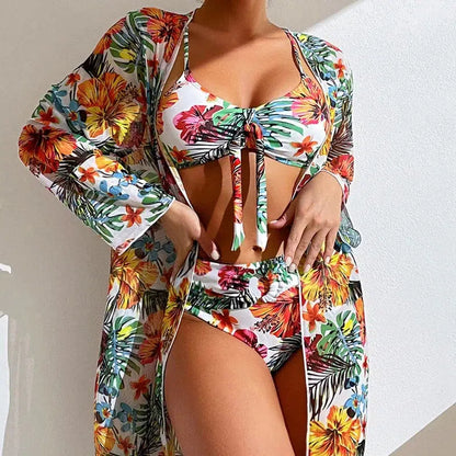 Cheky - Sexy High Waisted Bikini Three Pieces Floral Printed Swimsuit Women Bikini Set With Mesh Long-Sleeved Blouse Size S-3XL 2024 New