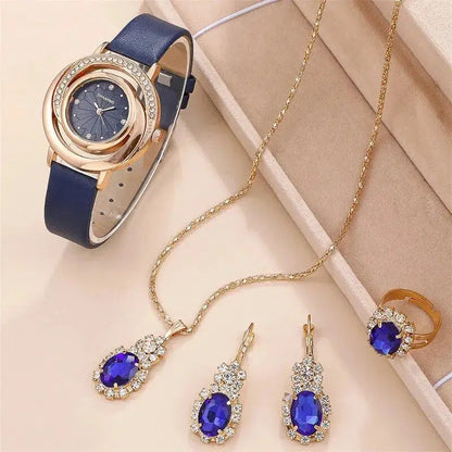 Cheky - 5PCS Set Luxury Watch Women Ring Necklace Earring Rhinestone Fashion Wristwatch Casual Ladies Watches Set Clock