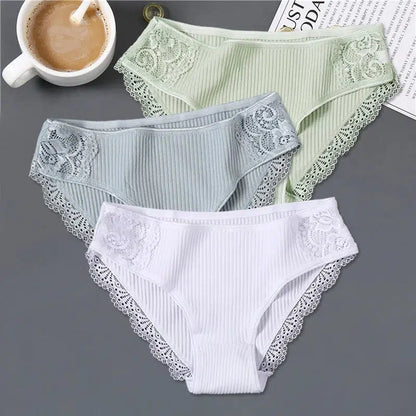 Cheky - FINETOO 3Pcs/set Women Cotton Panties M-2XL Low-Rise Underwear Trendy Patchwork Lace Briefs Female Soft Underpants Lingerie 2022