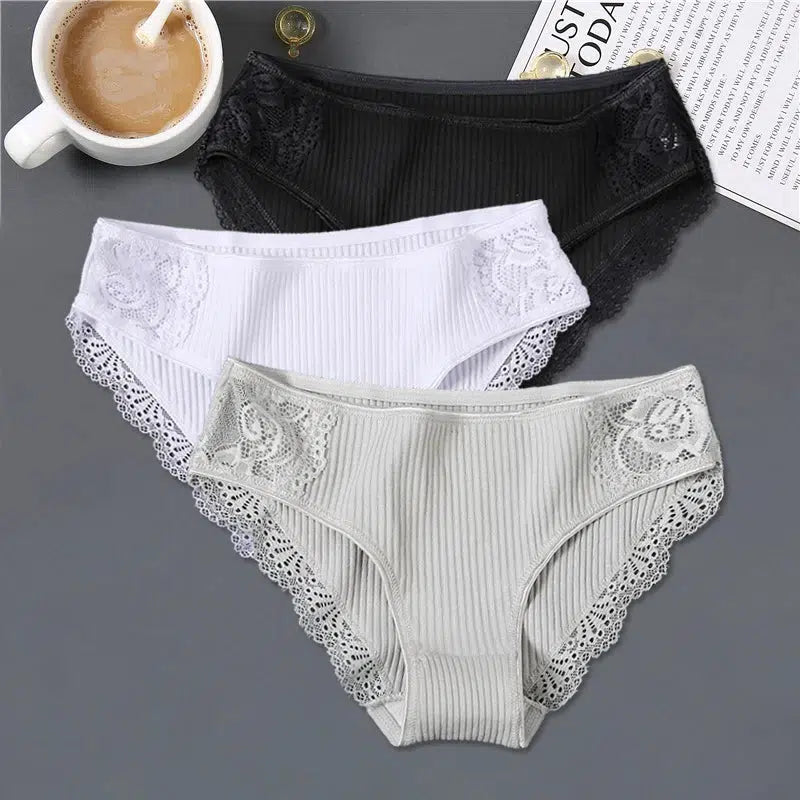 Cheky - FINETOO 3Pcs/set Women Cotton Panties M-2XL Low-Rise Underwear Trendy Patchwork Lace Briefs Female Soft Underpants Lingerie 2022