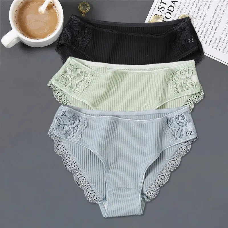 Cheky - FINETOO 3Pcs/set Women Cotton Panties M-2XL Low-Rise Underwear Trendy Patchwork Lace Briefs Female Soft Underpants Lingerie 2022