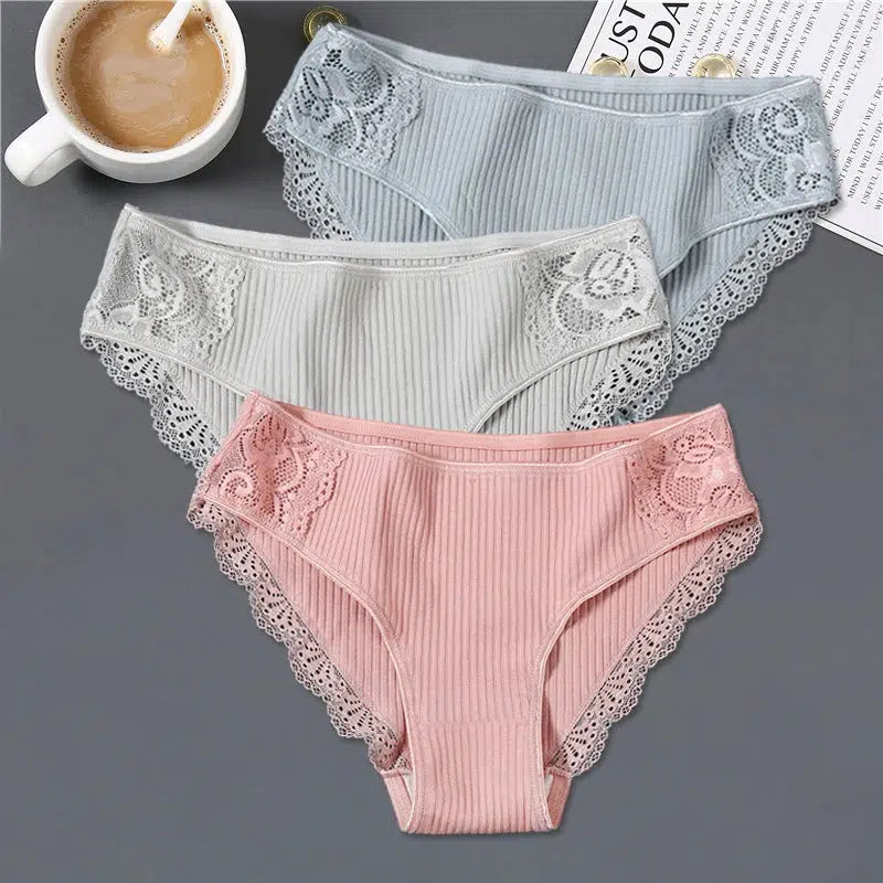 Cheky - FINETOO 3Pcs/set Women Cotton Panties M-2XL Low-Rise Underwear Trendy Patchwork Lace Briefs Female Soft Underpants Lingerie 2022