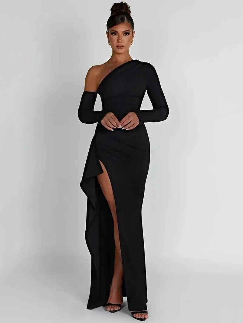 Cheky - Mozision Oblique Shoulder Thigh High Split Maxi Dress Women Long Sleeve Backless Bodycon Sexy Club Party Long Dress Vestidos