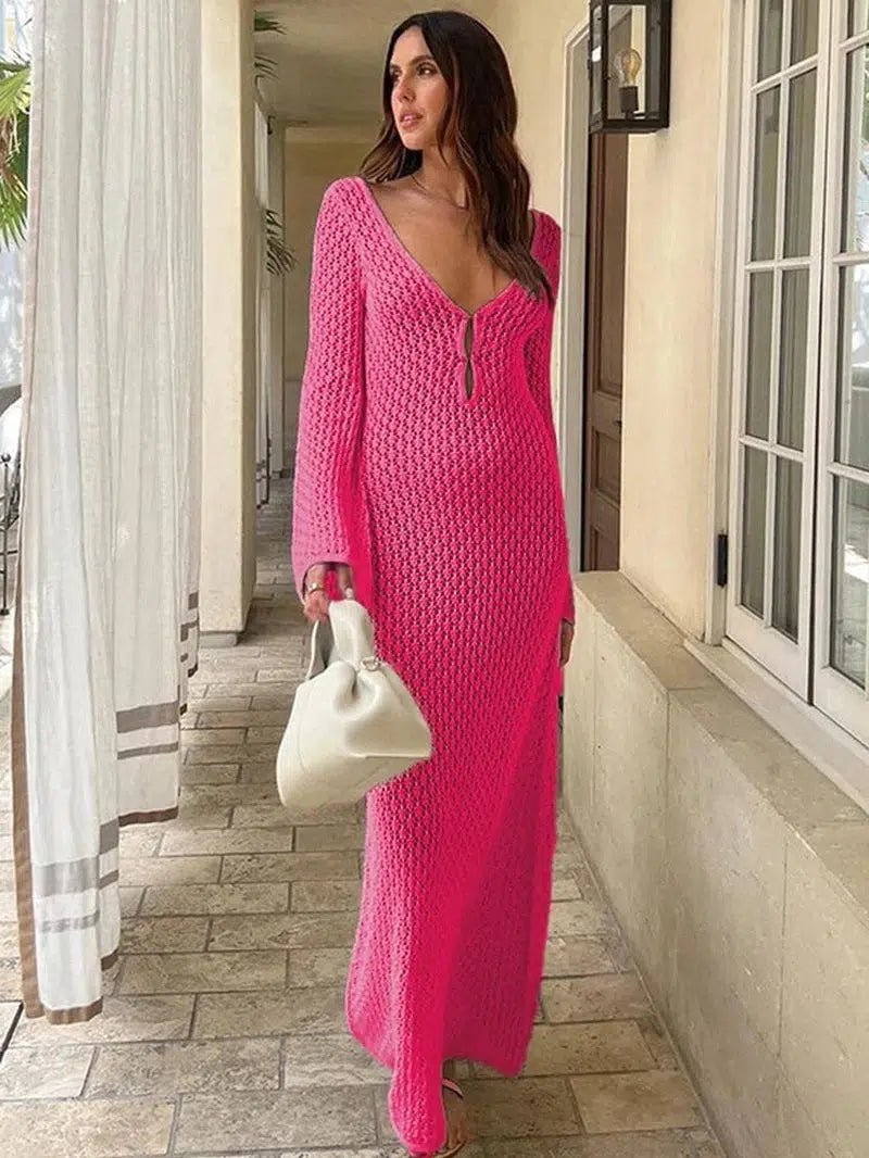 Cheky - Tossy White Knit Fashion Cover up Maxi Dress Female See-Through V-Neck Hollow Out Beach Holiday Dress Knitwear Backless Dress