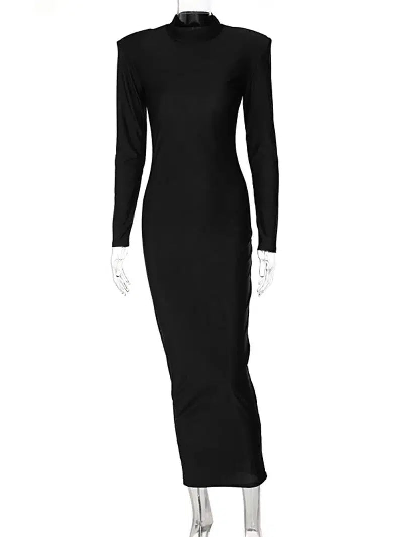 Cheky - Hugcitar Solid Long Sleeve With Shoulder Pads Turtleneck Maxi Dress New Year Women Fashion Streetwear Elegant Skinny