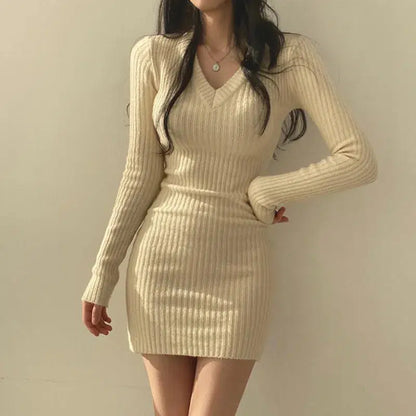 Cheky - Combhasaki Women Retro Knitted Mini Bodycon Solid Color V-Neck Long Sleeve Wrapped Hip Dress Autumn Winter Slim Sweater Vestido