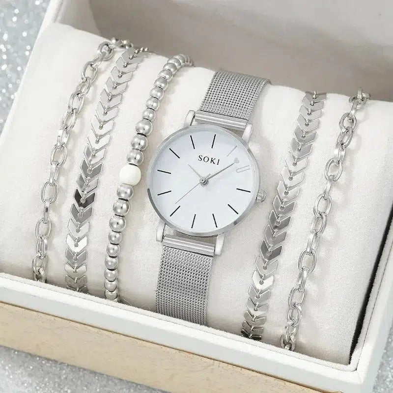 Cheky - 6pc Simple Silver Quartz Watch With Bracelet For Women Casual Fashion Round Simple Silver Watch Dainty Wheat Bracelets Set