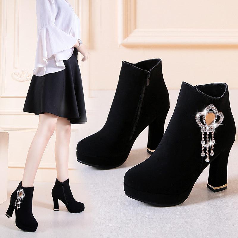 Cheky - Rhinestone Chunky Heel Fashion Short Boots Waterproof Platform High Heel Boots