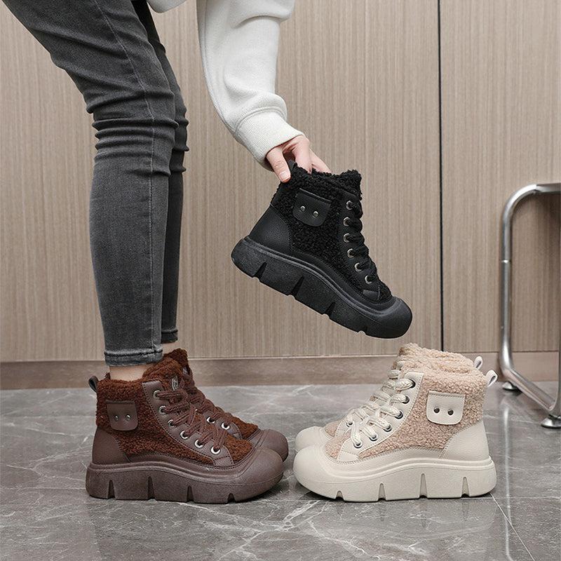 Cheky - Lace-up High-top Flat Shoes For Women Winter Warm Cashmere Snow Boots Fashion Street Campus Students Height Increasing Shoes