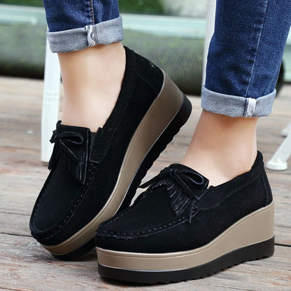 Cheky - New Tassel Bow Design Shoes For Woman Fashion Thick Bottom Wedges Shoes Casual Slip On Solid Color Flats