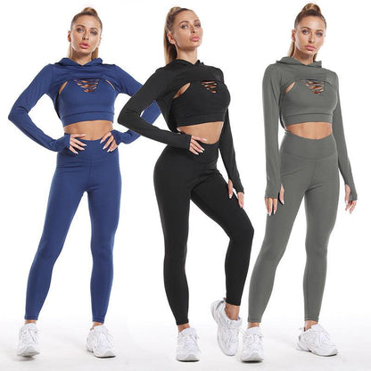 Cheky - 3pcs Sports Suits Long Sleeve Hooded Top Hollow Design Camisole And Butt Lifting High Waist Seamless Fitness Leggings Sports Gym Outfits Clothing