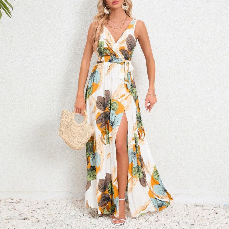 Cheky - V-neck Floral Print Long Dress Summer Fashion Waist Tie Slit Design Sleeveless Dress For Womens Clothing