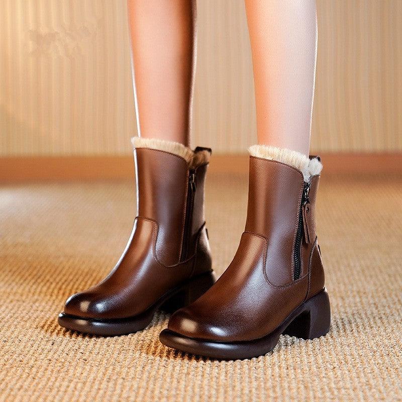 Cheky - Winter New Rabbit Fur Warm Snow Boots Women's Chunky Heel Side Zip Women's Ankle Boots